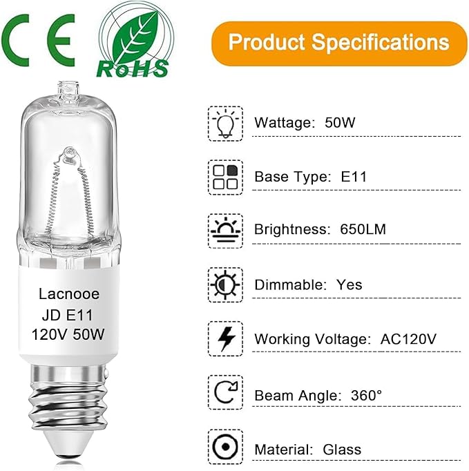 E11 Bulb, JDE11 120V 50W Halogen Light Bulbs, T4 Mini Candelabra Base, Dimmable 2700K Warm White, 4PCS E11 Light Bulb for Chandeliers, Candelabra, Ceiling Fan, Table Lamps, Cabinet Lighting