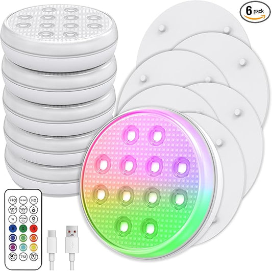 Pool Lights, Submersible LED Lights with Remote, IP68 Waterproof 16 Color Rechargeable Floating Lights, Built-in Magnet Underwater Lighting for Inground Above Ground Pool Fountain (6 Pack)