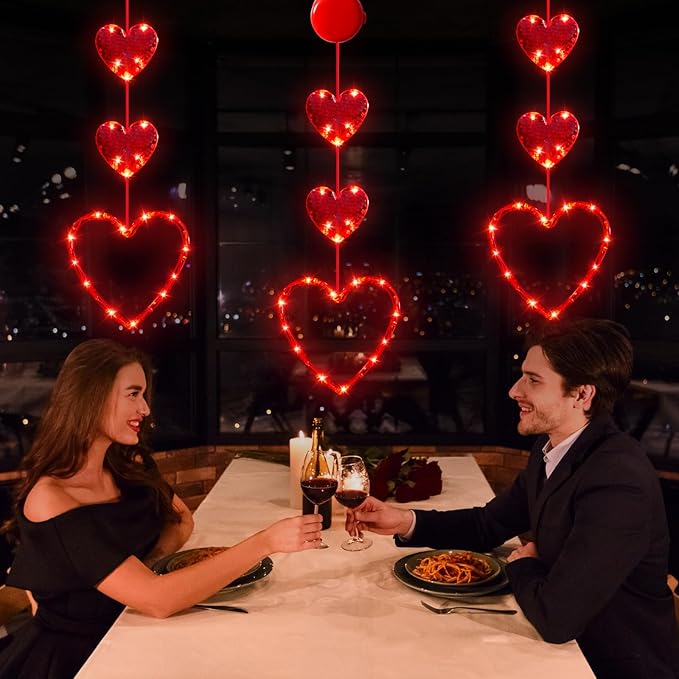 3 Pack Valentines Day Window Lights Decorations with Timer, Battery Powered Hanging Red Lighted Heart Shaped Silhouette Sucker LED Lamp for Fireplace Indoor Home Decor