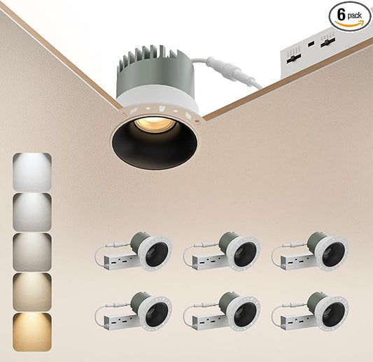 6 Pack LED Round Recessed Lighting, 10W Adjustable Canless Downlight, Aluminum Recessed Ceiling Light with junction Box, 5 CCT 2700K-6000K, Rotation Spotlight for Living Room Bedroom Hallway Kitchen