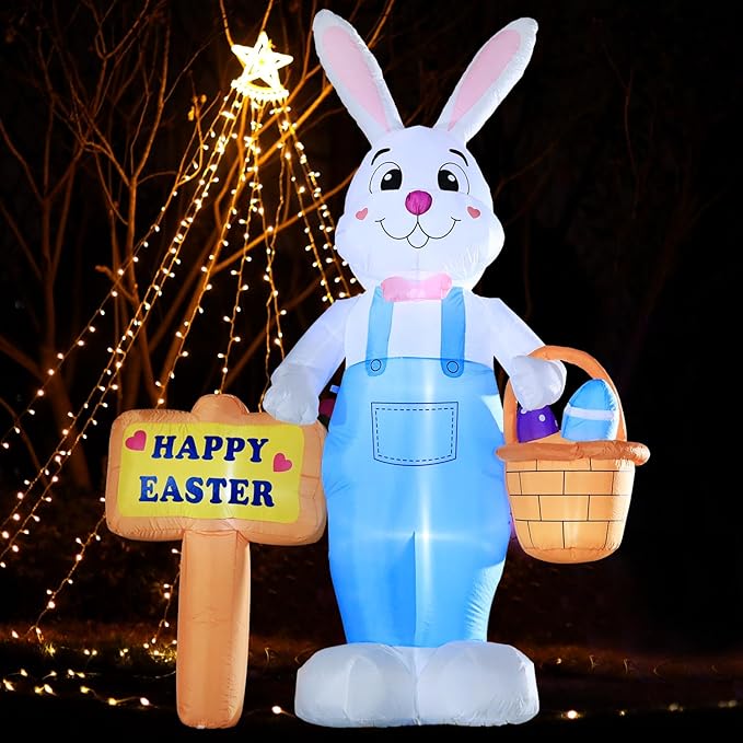 DomKom 8 FT Giant Easter Inflatable Bunny Outdoor Decorations, with Colorful Eggs Basket, Build-in LEDs Happy Easter Blow Up Yard Decorations for Party, Outdoor, Garden, Yard Lawn Décor