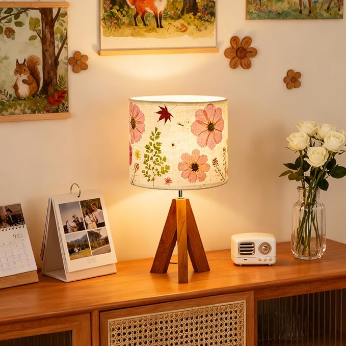 Dried Flowers Tripod Table Lamp 14.56in, 9W LED 3-Color Cute Bedside Lamp with Flowers Linen Lampshade for Nursery, Bedroom, Kid Room, Living Room, Light Brown Wooden Base