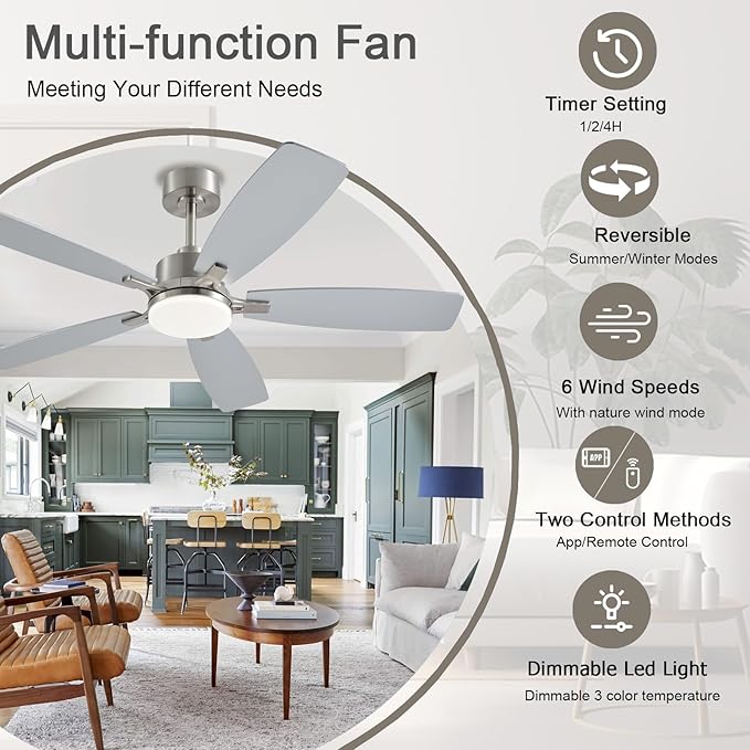 Ceiling Fans with Lights, 52 Inch Low Profile Ceiling Fan with Light and Remote Control, 2 Downrods, DC Reversible Motor, Dimmable LED Ceiling Fans for Bedroom,Indoor/Outdoor Patio Use（Nickel）