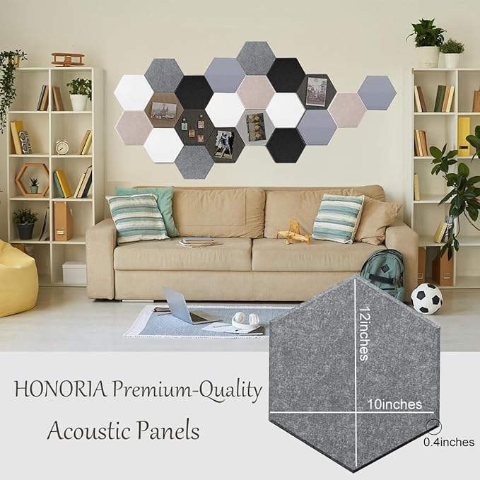 HONORIA 12-Pack Acoustic Panels, Soundproof Wall Panels, Hexagon Self-Adhesive 12"X10"X0.4, High Density Sound Dampening Panels - Dark Grey