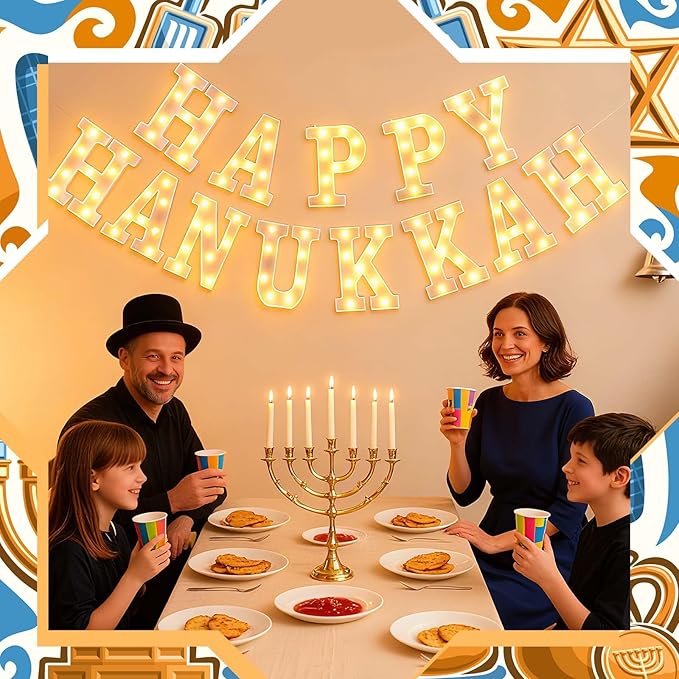 13 Pcs Happy Hanukkah Large LED Letter Sign LED Lights Battery Powered Jewish Table Decoration for Chanukah Party Jerusalem Party Decor