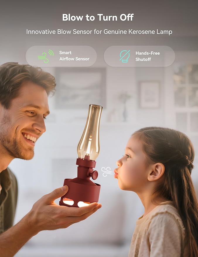 Tubicen Cordless Rechargeable Table Lamp, Vintage Battery Operated Oil Lamp Lantern, Smart Blow/Tilt Off, 10-Level Rotary Touch Dimmable Flameless Kerosene Desk Night Light for Home Bedroom Decor