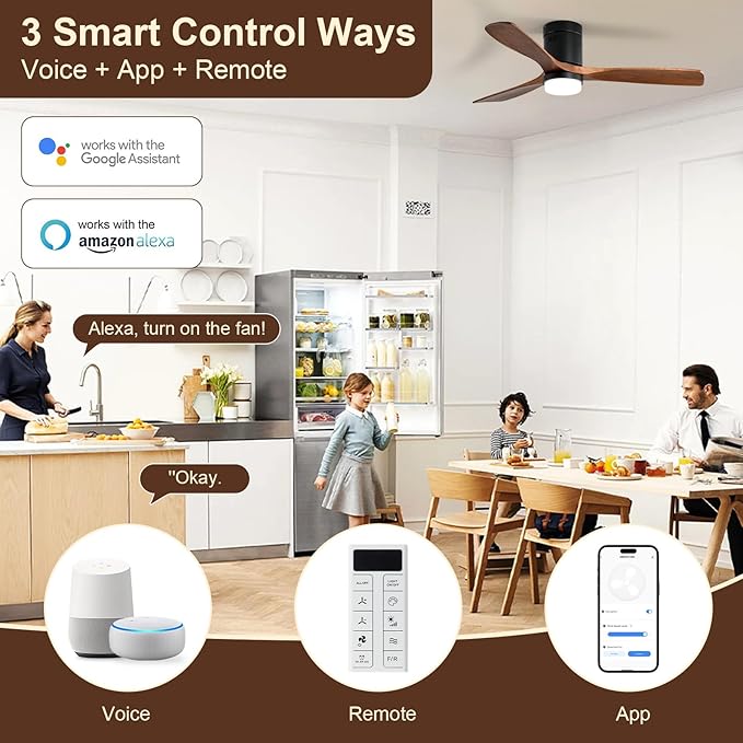 Sofucor 52 Inch Smart Ceiling Fans with Lights, Flush Mount Ceiling Fan with Lights Remote Control, Work with Alexa/Google/App, Quiet DC Motor, 3 Blade Solid Wood Ceiling Fan for Bedroom Kitchen Patio