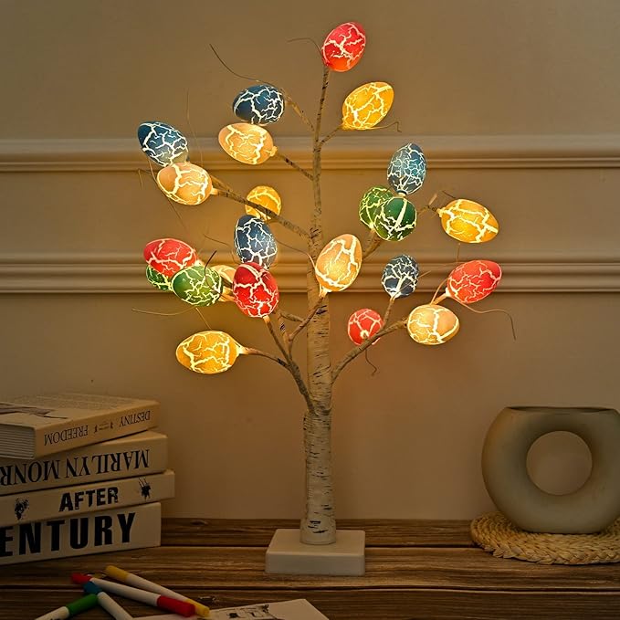 Easter Decorations kemooie 24 inch Pre-lit White Birch Tree with 24pcs Easter Egg Ornaments, 24 Led Lights Battery Operated Table Centerpiece for Party Birthday Home Spring Decoration Indoor Use