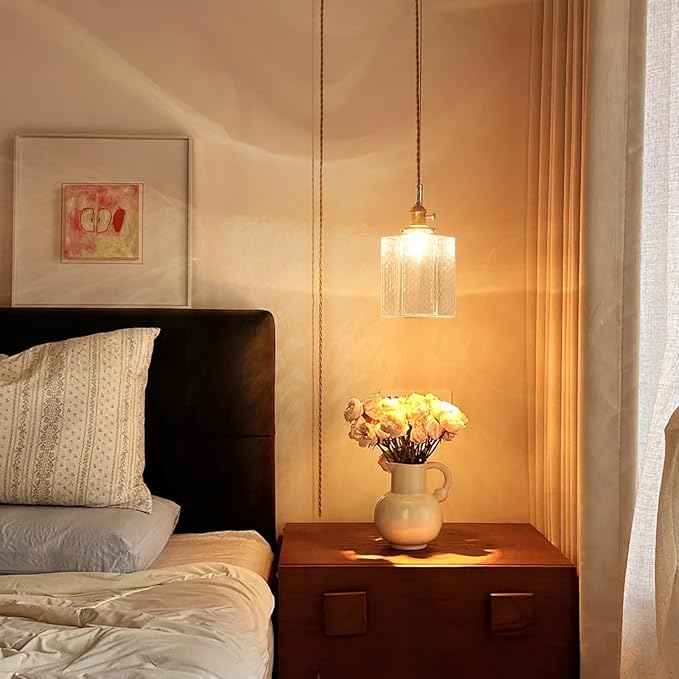 Hanging Lamp Plug in Golden Adjustable Light Cord Plug in Pendant Lights 6.5 Inch Glass Lampshade Hanging Pendant Light Hanging Light Fixture with Plug in Cord for Dining Room with Light Bulb