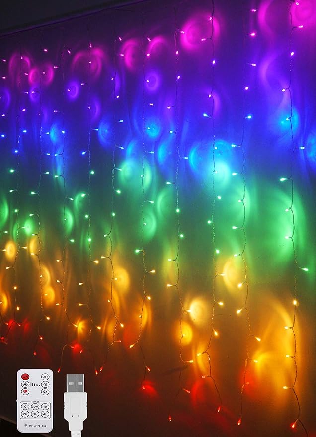Rainbow Fairy String Curtain Lights with Remote, Twinkle LED Ombre Light Curtain for Girls Room, Kid's Bedroom, Teen Room, Unicorn Theme, Party, Easter Décor Gift (Rainbow)