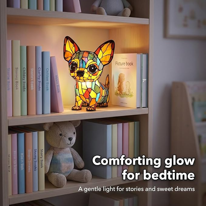 Rainbow Puppy Lamp Stained Glass Dog Night Light 3D Retro Stained Resin Rainbow Pup Lights Charge Powered Table Lamp Puppy Glow Lamps for Home Bedroom Desk (F)