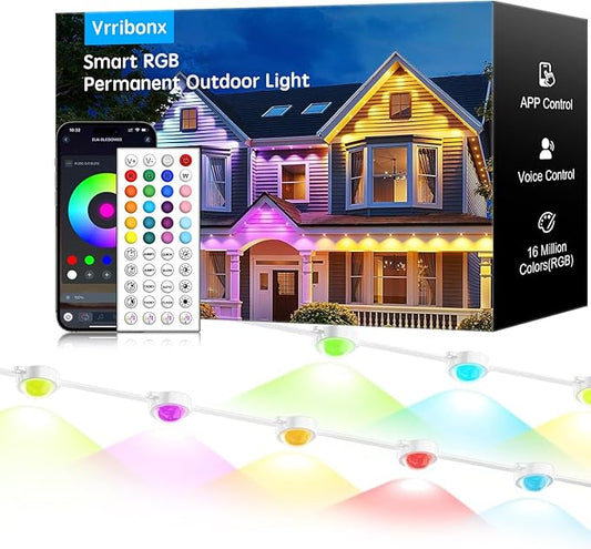 50FT Permanent Outdoor RGB Lights,IP67 Waterproof Smart LED Eaves Lights with App/Remote Control,for Christmas and All Holiday Decor,Daily and Accent Lighting,House Roof and Garden Lighting