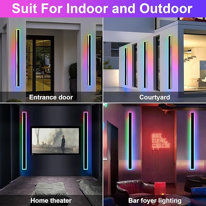 Outdoor LED Wall Lights for House,2 Pack Long RGB Outdoor Wall Lights,60 inch Long Linear Light Fixture,Dimmable Long Outside Wall Light for Porch,Enterway,Garage with Control Remote