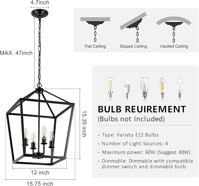 15.75" Black Farmhouse Chandelier for Dining Room, 4-Light Lantern Pendant Light Fixture Industrial Vintage Iron Cage Hanging Light for Entryway Kitchen Island Foyer
