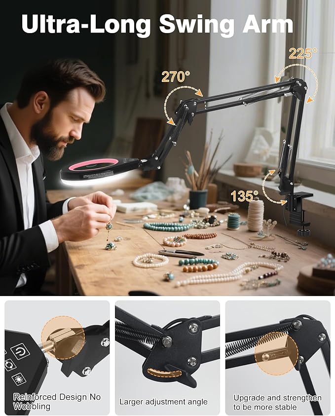 10X & 5X Magnifying Glass with Light, Ultra Long Swing Arm, 5 Colors & 10 Brightness, Real Glass Lens Large Magnifying Lamp for Craft Painting Workbench Jewelry Making Hobby Close Work (Pink)