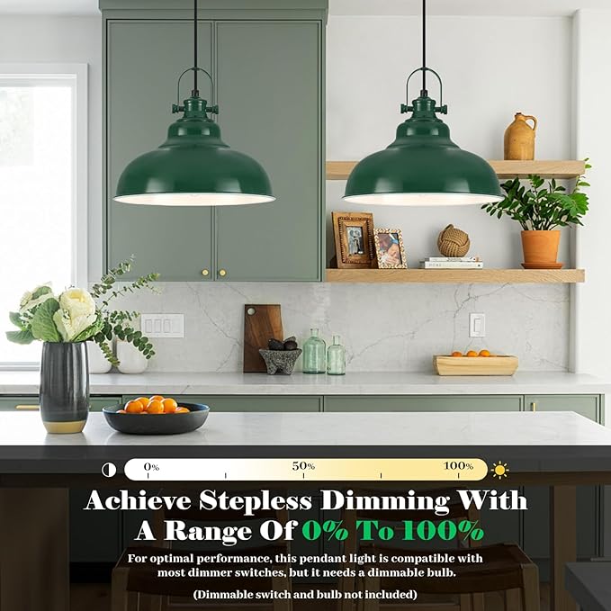 Green Pendant Lights Kitchen Island 2 Pack, Dome Pendant Light, Farmhouse Pendant Light Fixtures (11.41" W), Island Pendant Light for Kitchen, Restaurants, Cafes