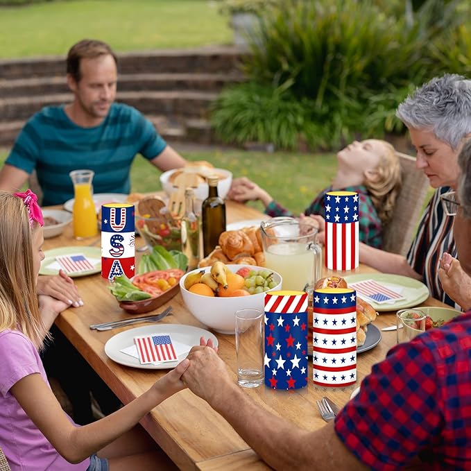Tiamon American Flag LED Candles 4th of July Flameless Independence Day Battery Operated USA Stars Patriotic Candles with 18-Key Remote Timer Set for Holiday Festival Table Decorations