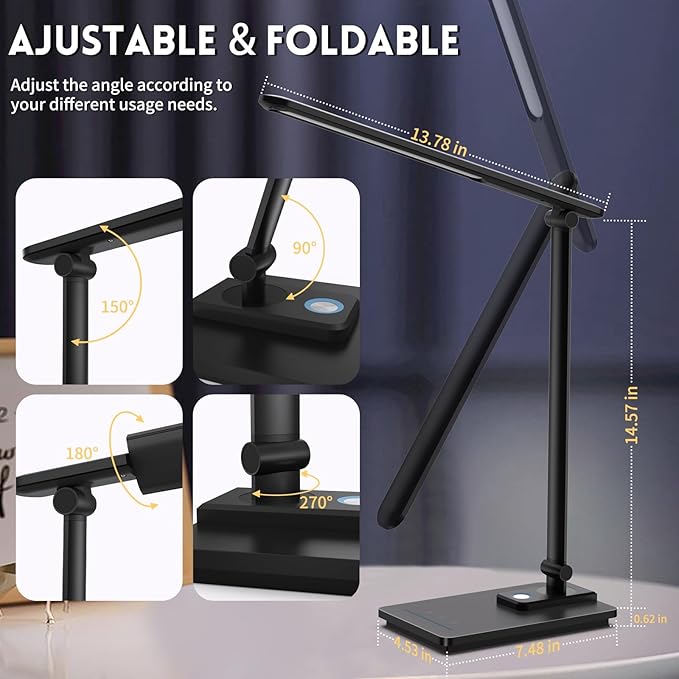 LED Desk Lamp for Home Office, USB Charging Port, Reading Desk Light with 5 Color Temperatures, Stepless Dimming, Table Lamp with Timer, Night Light, Foldable Desk Lamp for College Dorm Room (Black)