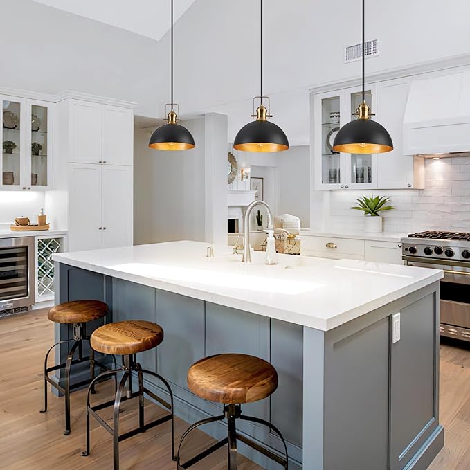 12 Inch Pendant Lights for Kitchen Island Matte Blacks Farmhouse Pendant Light fixtures Adjustable Height Dome Hanging Light for Dinning Room Bedroom Hallway,3 Packs