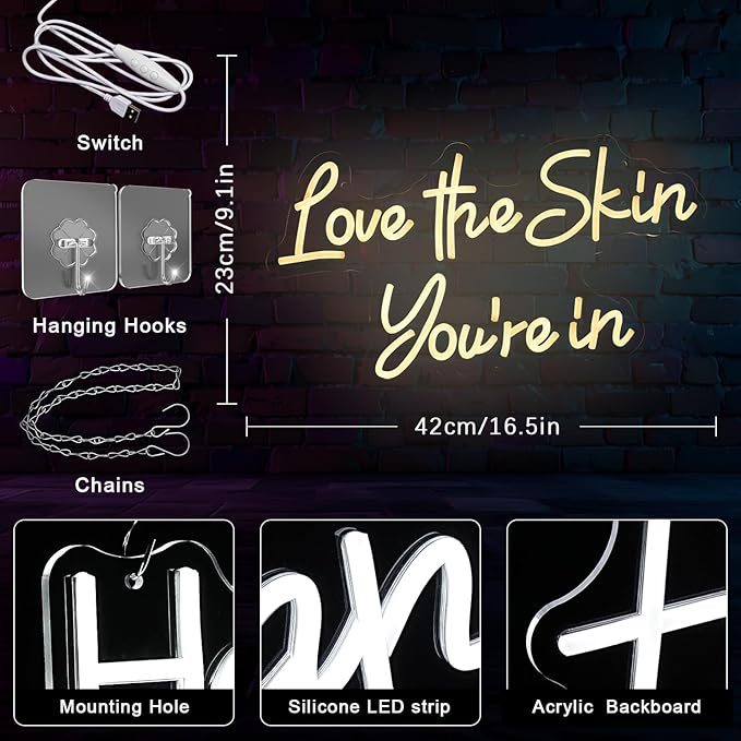 Love the Skin You're in'' Neon Sign Facial Spa Neon Light for Wall Decor Warm White Letters Neon Lights Beauty Salon Sign for Business Skin Care Salon Beauty Shop Decorations