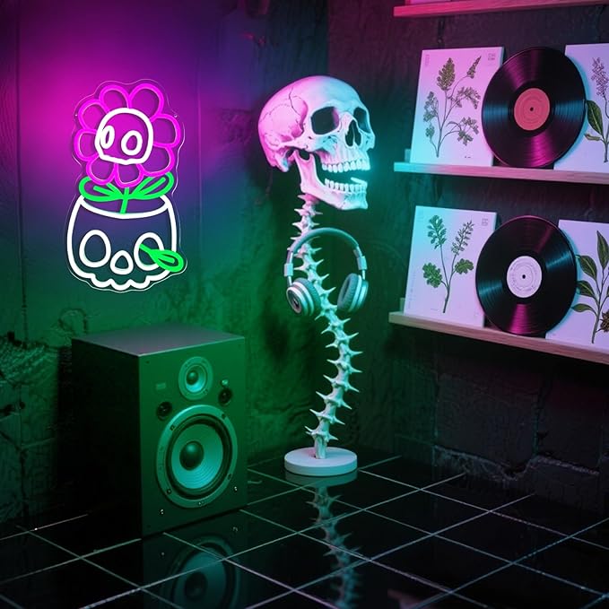 Skull Neon Sign for Wall Decor Halloween LED Sign Dimmable Cute Skull Flower Neon Sign for Boys Girls Bedroom, Game Room, Living Room, Man Cave, Halloween Party Decor Gifts