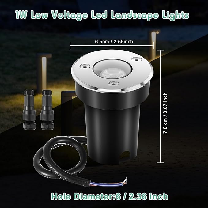 Retisee 6 Pcs 1W LED Well Lights Low Voltage Landscape Lighting with 16 Connectors, 12-24V Outdoor Inground Lights IP67 Waterproof Warm White for Sidewalk Paver Garden Step Lawn