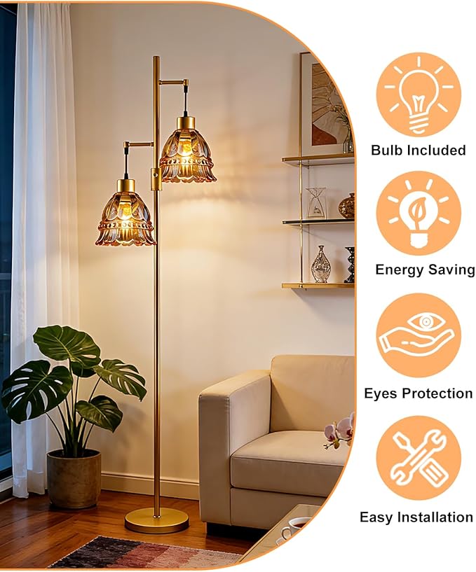 Gold Dimmable Floor Lamp for Living Room, 2-Light 65IN Tall Standing Lamps with Brown Glass Lampshade, 3000K Warmwhite Mid Century Modern Floor Lamp for Bedroom/Home Office/Corner