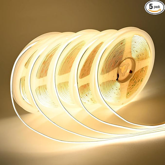 COB LED Strip Lights DC 12V LED Lights Flexible Super Bright LED Strips, 5Pack 16.4FT 4000K Natural White CRI 90+, 480LEDs/m High Density Uniform Light fo Home Room Decor (No Adapter or Controller)