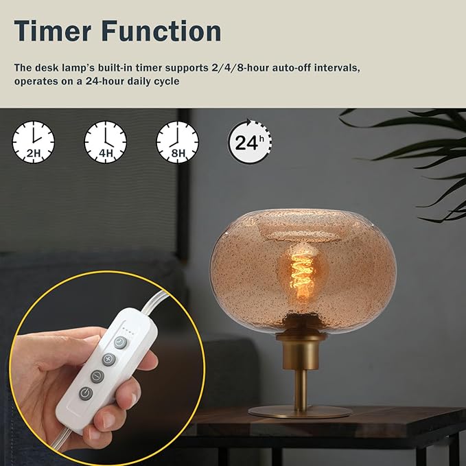 Mid Century Glass Table Lamp,Dimmable Desk Lamp,LED Bulb Included,Timer Build-In,Cognac Amber Seeded Glass