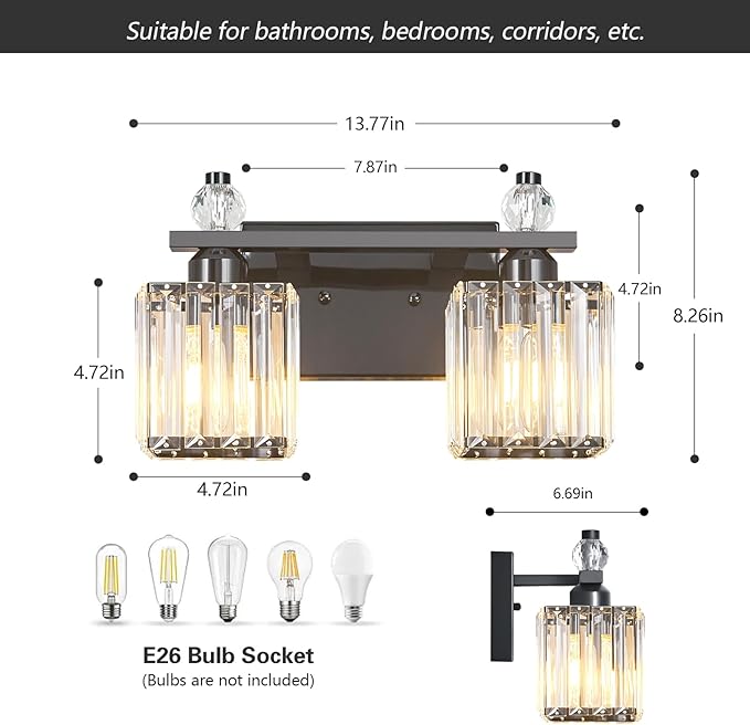 Vanity Lights 2-Light Modern Crystal Vanity Light Plating Black Bathroom Light Fixtures Over Mirror Crystal Bathroom Vanity Lighting Fixtures