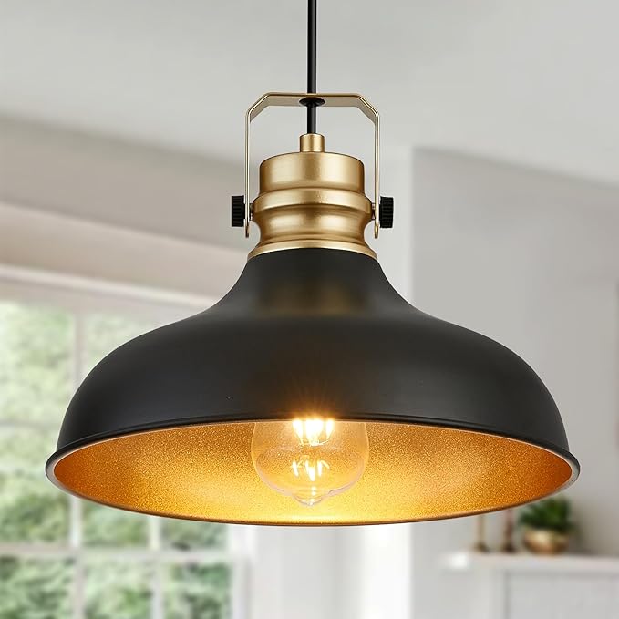 Black and Gold Farmhouse Pendant Lights Matte Pendant Lighting for Kitchen Island Industrial Adjustable Height Vintage Dome Hanging Light Fixtures for Barn, Dining Room 1 Pack