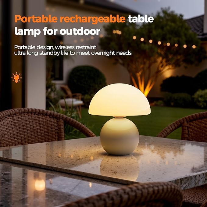 NIORSUN Mushroom Lamp Table Lamp for Bedroom, Portables Cordless Table Lamp,Wireless lamp,Small Bedside Table Touch Lamps for Living Room,Mini Mushroom 5200mAh Battery Operated Lamp Modern Cream