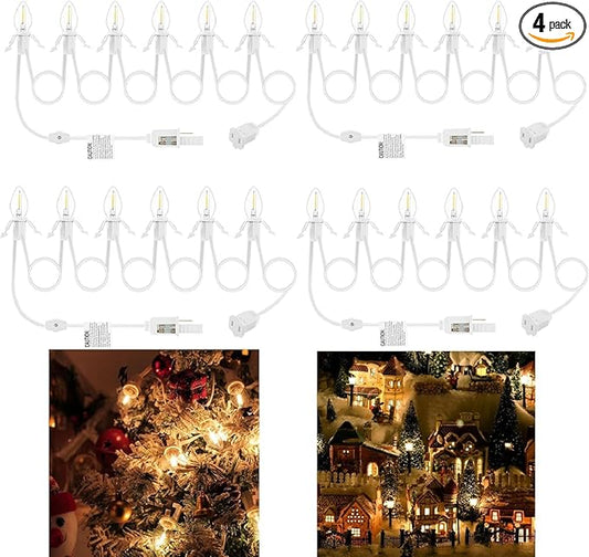 Meonum 4 Pack Accessory Cord with 6 LED Light Bulbs 13.1 FT Lamp White Cord C7 Bulb String Lights End-to-End Connectable On/Off Switch Plugs for Christmas Village Craft Halloween Ceramic Decor ()
