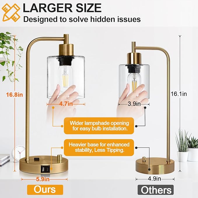 Lynnoland Set of 2 Industrial Table Lamps with USB C+A Ports and Outlet, Brass Fully Stepless Dimmable Bedside Lamps, Nightstand Lamps with Clear Glass Shade for Living Room Office (2 LED Bulb)