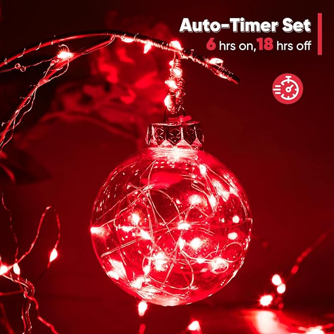 4 Pack 16.4 Ft. Battery Operated Outdoor String Lights with Remote & Timer, LED Red Fairy Lights, Waterproof Twinkle Lights for Bedroom, Dorm, Mason Jar, Wedding, Party, Christmas