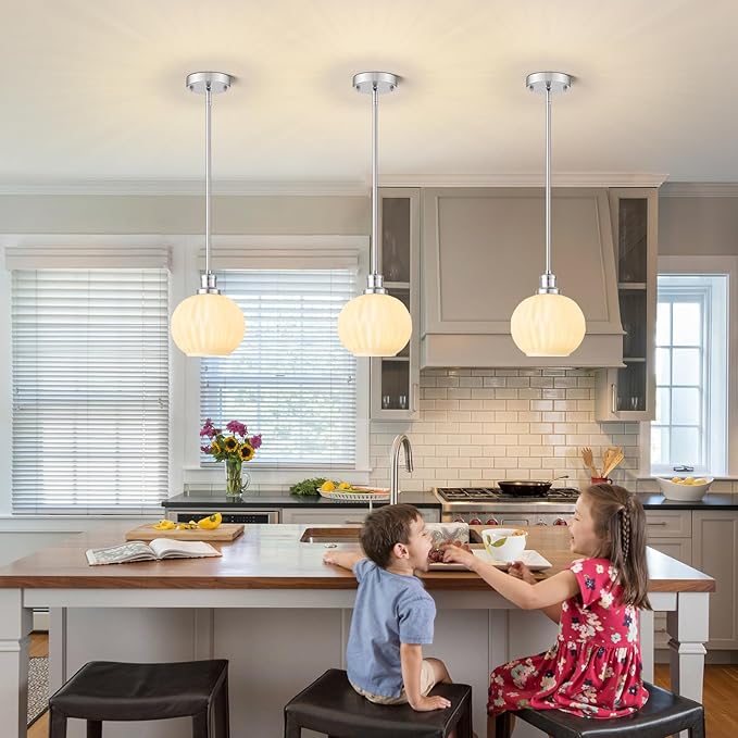 Milk Glass Pendant Lights Kitchen Island, 1-Light 7.1" Brushed Nickel Modern Pendant Light Fixtures with Rods, Globe Hanging Lighting for Kitchen Sink Bathroom Dining Room, E26 Base