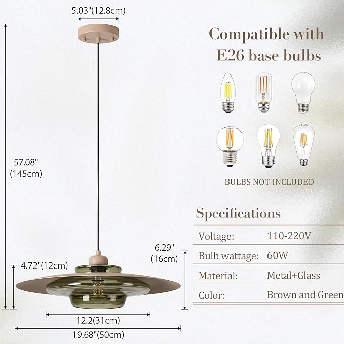 TeHenoo Modern Pendant Light,Light Brown Shade,Deep Green Clear Glass Lamp,Adjustable Mid Century Pendant Lighting for Kitchen,Dining Room,Living Room