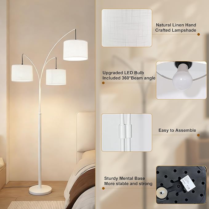 Dimmable Arc Floor Lamp, White Pole Standing Lamp with White Shade and Heavy Base, Remote Control with Stpeless Color Temperatures and Brightness for Bedroom, Office