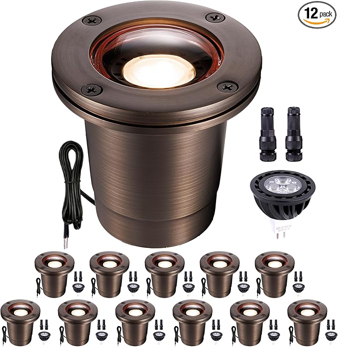 Gardenreet Landscape Well Lights Brass - IP67 Low Voltage In-Ground Light, 12V LED Electric Outdoor Lighting, Antique Bronze for Tree Lawn Garden with 2700K Warm MR16 Bulb (12 Pack)