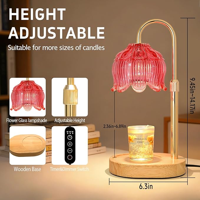 Flower Candle Warmer lamp with Timer Dimmer,Adjustable Height Candle Warmer,Fits All Jar Scented Candles,Christmas Gifts for Mom Women,Candle Lamp for Bedroom Home Decor,Red