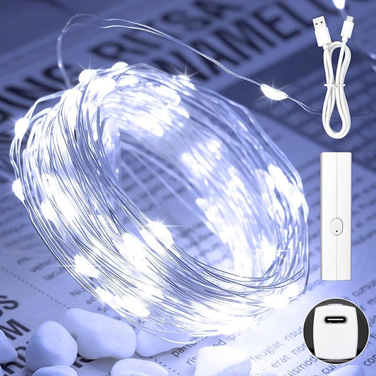 Lakumu 33FT 100LED Battery Operated Twinkle Lights Rechargeable, LED Fairy Lights with Timer & 8 Modes, Indoor String Lights for Bedroom, Dorm, Christmas Decoration, Parties, Wedding, Centerpiece