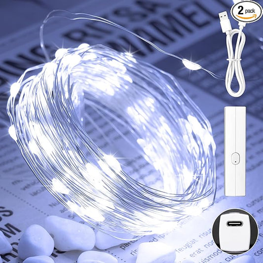 66FT(33 * 2) Rechargeable String Lights Battery Operated, Battery Powered Copper Wire Fairy Lights with Timer, LED Twinkle Lights for Bedroom, Christmas, Wedding, Centerpiece Table Decor Cool White