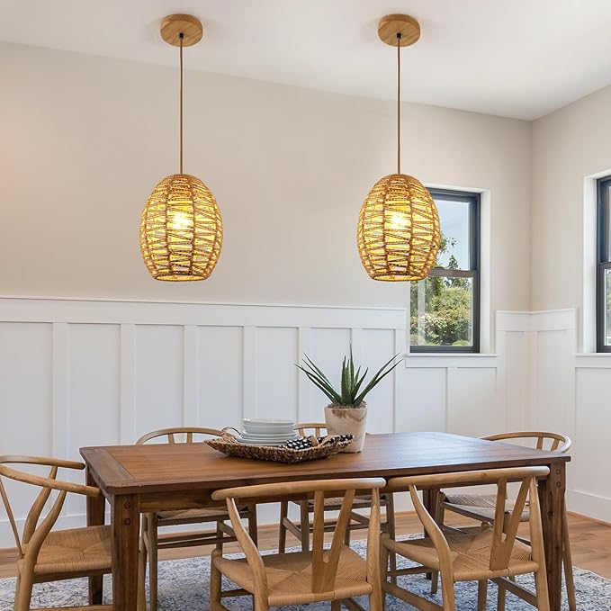 DELIPOP Pendant Light, Hand-Woven Rattan Chandelier, Boho Adjustable Hanging Lights for Living Room, Dining Room, Kitchen, Bedroom, Farmhouse