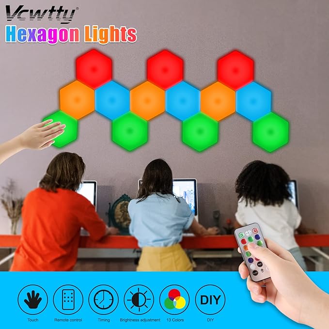 Hexagon LED Lights,Remote Control Wall Lamp,Intelligent Modular Touch Colorful DIY Lamp,Used for Bedroom,Bathroom,Living Room,Children's Day,Christmas,Various Game Party Decoration（6 Pack）