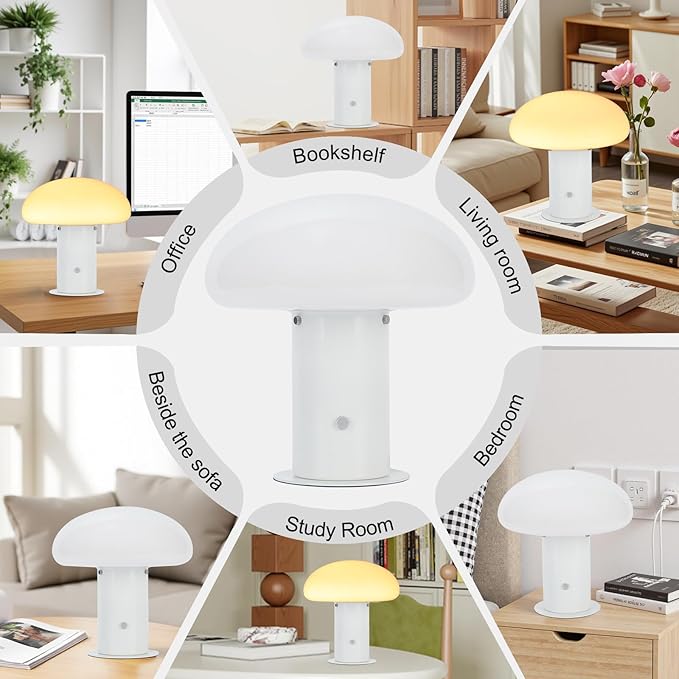 Mushroom Lamp with Touch Control Switch, 3 Way Dimmable Nightstand Lamp for Bedroom and Living Room, 6W LED Bulb Included (White)