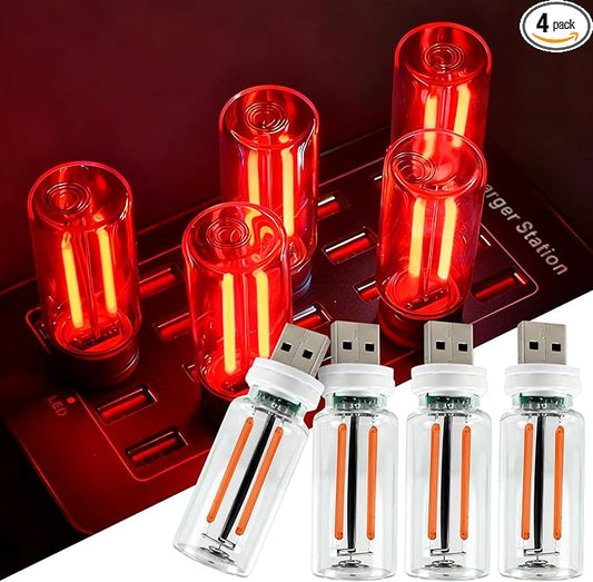 4 PCS USB Car Lights, Touch Dimmable Retro Mini Glass Bottle LED Ambient Night Light for Vehicle Interior, Bedroom, Hallway, Camping, Holiday and Party Decoration (Red)