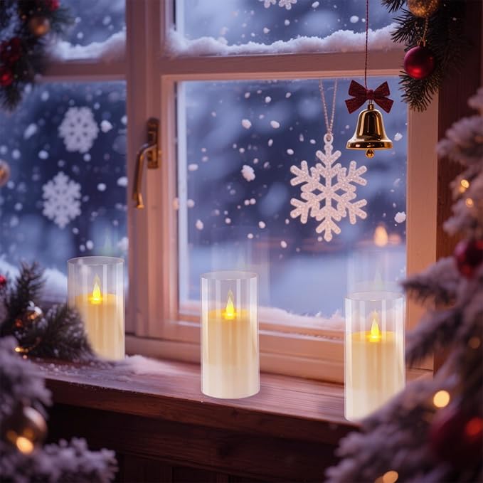 Flameless Candles 4" 5" 6" Set of 2 Acrylic Glass Pillars 3" Diameter Battery Operated Flickering Candles Include 8-Key Remote with Timer Function 400+ Hours (Pure White, 2 Pack)