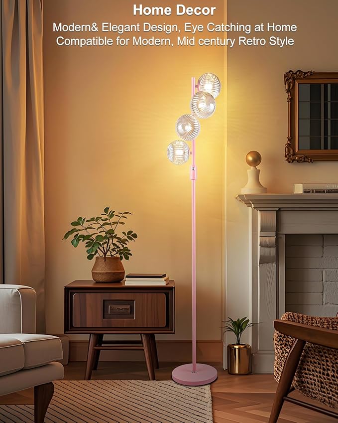 Lightdot 64IN Dimmable Floor Lamp with Globe Clear Glass Shade, Modern Pink Standing Lamps with 4PCS 3000K Bulbs Included, Mid Century Floor Lamp for Living Room Bedroom//Sofa Beside/Corner Decor