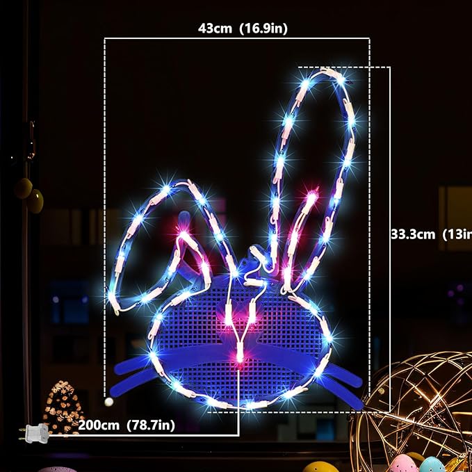 17" 40LED Lighted Blue Bunny Easter Decor - UL Certified, Gentle Warm Glow, Window & Hanging Decor, Cozy Mantel Accent, Delicate Gift Box Packed