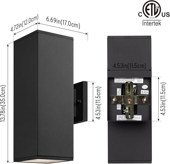 mirrea Modern Outdoor Porch Light Patio Light in 2 Lights with Aluminum Rectangular Tube and Tempered Glass Cover Waterproof Wall Sconce 2 Pack (Matte Black 14")